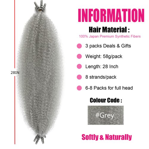 Afro Twist Hair 28 Inch 3 Packs, Springy Afro Twist Hair Pre Fluffed Spring Twist Hair Pre Stretched Wrapping Hair for Soft Locs Hair Extensions (Grey#)