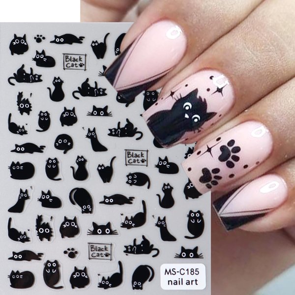2 Sheets Black Cat Nail Art Stickers 5D Kawaii Cat Embossed Nail Decals Cute Black Cat's Paw Summer Nails Design Adhesive Sliders Cute Animal Manicure Stickers for Nails Art Decorations