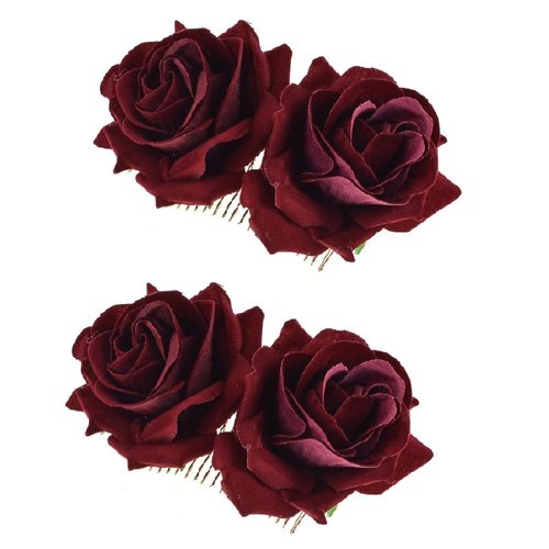 JORCEDI 2 Pcs Women Rose Flower Hair Comb Bridal Jewelry Headpiece Hair Pin Clip Decor For Wedding Bridal Holiday Party Headpieces (Wine Red)