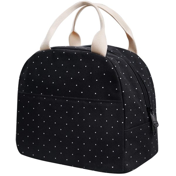 EurCross Upgraded Compact Black Lunch Bag for Teen Girls Women,Canvas Reusable Polka Dot Lunch Tote Box Bag for Work School