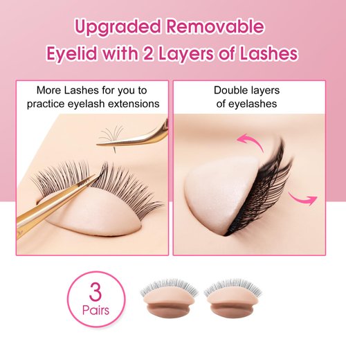 Miuffue 3 Pairs 2 Layers Eyelash Practice Eyelids for Mannequin Head, Removable Realistic Eyelash Extension Eyelids with Eyelashes, Silicone Rubber Replacement Eyelids for Eyelash Training