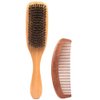 Wooden Boar Bristle Hair Brush and Comb Set for Women and Men, Paddle Boars Hairbrush for Smoothing Fine Thin Hair, Peach Wood Comb for Detangling Hair, Make Hair Shiny and Soft