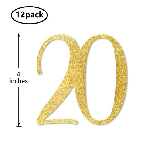 Gold Glitter 20th Birthday Centerpiece Sticks, 12-Pack Number 20 Table Topper Anniversary Party Decorations