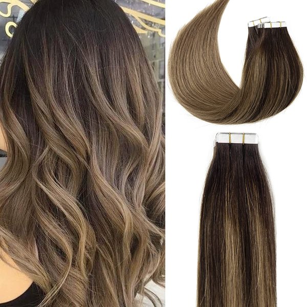 Lacerhair Natural Hair Extensions Remy Tape in Human Hair Extensions Balayage Seamless PU Skin Weft 100% Real Virgin Hair Ombre Darkest Brown to Chestnut Brown Color 50g 20pcs/set 22 Inch