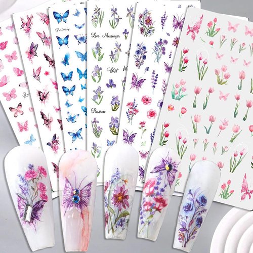 8pcs 3D Flower Nail Stickers Colorful Butterfly Nail Art Stickers Floral Nail Decals for Nail Art Supplies Cherry Blossom Nail Sticker Tulip Lavender Spring Nails Stickers Flower Stickers for Nails