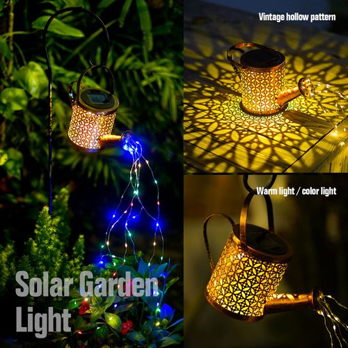 Solar Watering Can with Cascading Lights, Water Can Solar Lights Garden Decorative, Solar Waterfall Lights Outdoor Waterproof, Hanging Solar Lantern, Solar Yard Decor, Metal Solar Powered Kettle