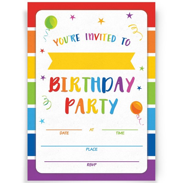 Printed Party Kids Birthday, Rainbow, 20 Invitations and Envelopes