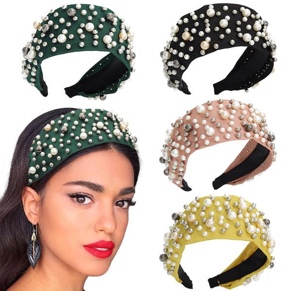 Yovic Pearl Headbands Green Beaded Wide Hairbands Pearls Bead Headpiece Women Hair Accessories for Festival Holiday 1PCS (Green)