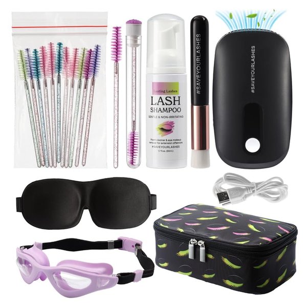 Lasting Lashes Lash Extension Care Kit | Lash Cleaning Kit | Lash Extension Supplies | Lash Shampoo Kit | Eyelash Sleeping Mask for Extensions | Lash Fan | Lash Bath Kit | Eyelash Shampoo