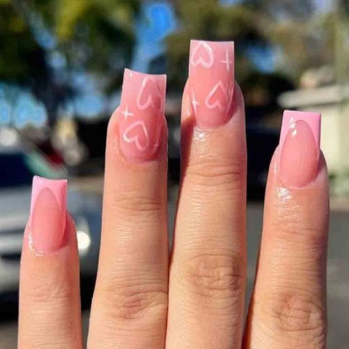 Foccna 24pcs French Tip Pink Fake Nails Press on Nails Medium Square LOVE Design Glossy False Nail Tips Artificial Finger Manicure for for Women&Girls