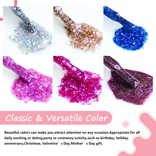 eodci Miami Purple Pink Gel Nail Polish Set, 6 Colors Sparkle Gold Silver Glitter Soak Off Blue Gel Polish Set for Nail Art Home Salon Gel Holiday Manicure Kit Valentine Gift for Women