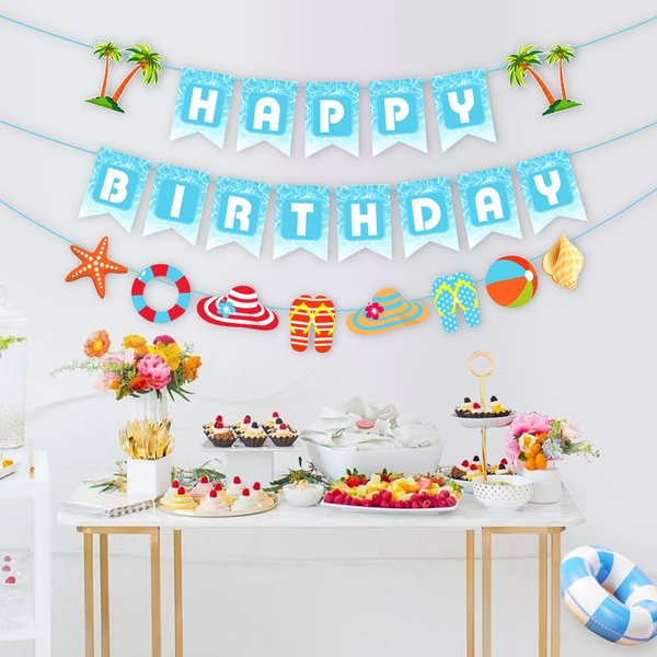 Pool Happy Birthday Banner Decoration, Hawaiian Birthday Party Decoration Supplies Summer Pool Theme Beach Banner for Kids Adults Summer Pool Beach Birthday Party Decor