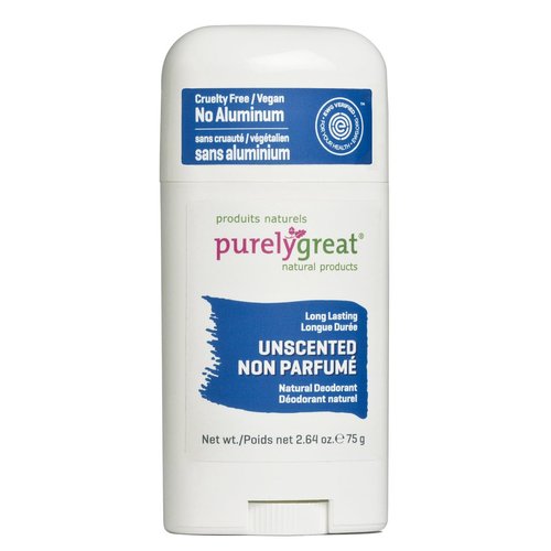 Purelygreat Natural Deodorant Stick, Unscented, EWG Verified, Vegan, Cruelty-Free, No Aluminium, No Parabens