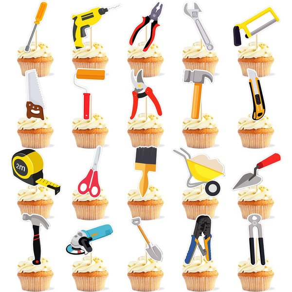 51 Pieces Tools Cupcake Toppers Instrument Cake Decoration Tool Stickers (2 in 1) Tools Hammer Screwdriver Pliers Electric Drill Theme for Kids Girls 1st 2nd Happy Birthday Baby Shower Party Supplies