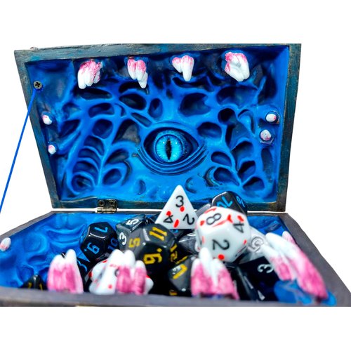 Power Beast Dungeon Mimic Chest Dice Storage Box with Glass Eye, Miniatures and Dungeons and Dragons Accessories, D&D Gift, DND, Dungeon Master, Holds up to 5 Sets of Polyhedral Dice. RPG Game. (BLUE)