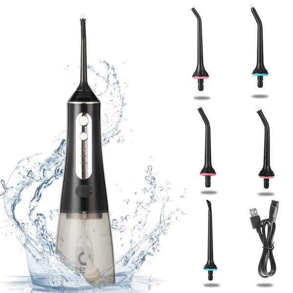 InfiniPower Water Flosser with 5 Jet Tips, Oral Irrigator, Teeth Cleaner, 4 Cleaning Modes, IPX7 Waterproof, 300ML Water Tank, Rechargeable, Portable for Travel & Home, Black