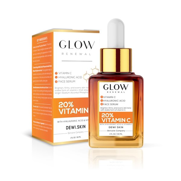 Glow Renewal 20% Vitamin C Serum for Face & Eye - Brightening & Anti-Aging with Hyaluronic Acid & Botanical Extracts - Evens Skin Tone, Targets Fine Lines & Dark Spots, 1 oz