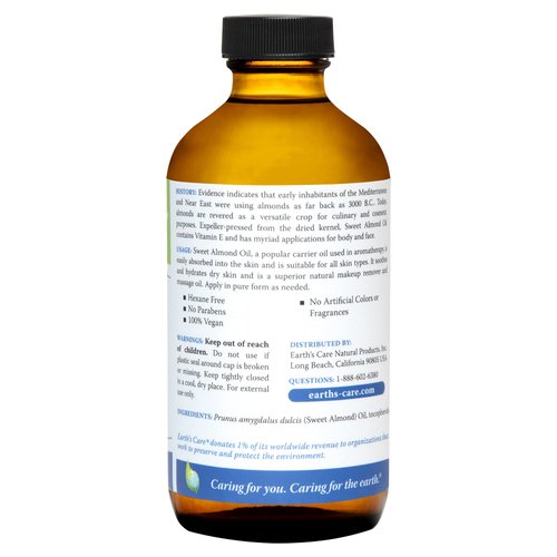 Earth’s Care Sweet Almond Oil - Expeller Pressed Almond Oil for Skin and Hair, Glass Bottle, 8 FL. OZ.