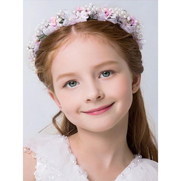 BERYUAN Flower Girls Flower Pearls Crown Headband Lace Bowknot Pearls Headband Flower Crown Wreath Handmade Adjustable Tiara Floral Wreath With Ribbon Halo Headbands for Teen Girls (pink)