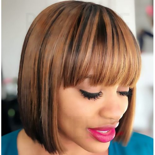 Besteffie Short Bob Wigs Human Hair With Bangs Straight Wigs 100% Brazilian Virgin Hair Glueless Machine Made Wig ombre blonde Highlight wig Short Bob Wigs For Black Women (10 inch, 4/27)