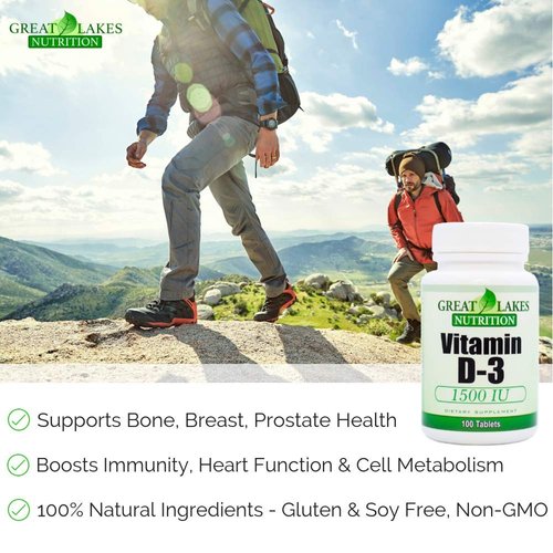 Great Lakes Nutrition Vitamin D3, Vegan Vitamin D Supplement for Men & Women, 1500IU, 100 Easy Swallow Pills