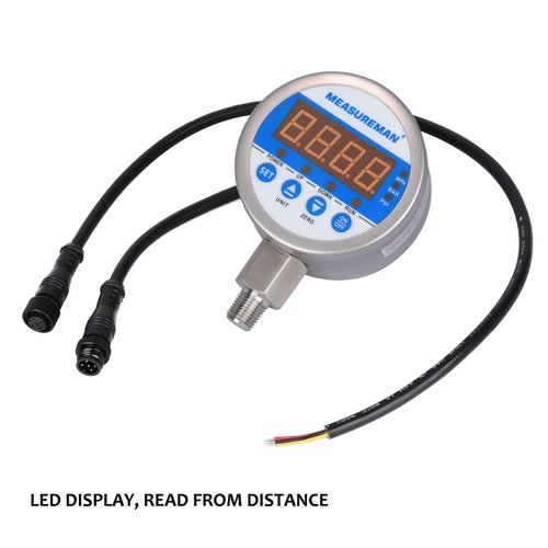 MEASUREMAN 3-1/8" Dial Size Stainless Steel Industrial Digital Pressure Control, Pressure Switch, 1/4" NPT Lower Mount, 0-230psi, 110VAC, 0.5% Accuracy, LED Display