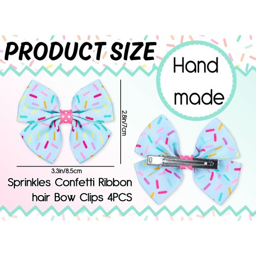 Whaline 4Pcs Ice Cream Sprinkles Bow Hair Clips Cake Donut Sprinkles Pink Cyan Ribbon Hair Bow Barrette Summer Dessert Theme Hairgrips for Women Birthday Party Supplies