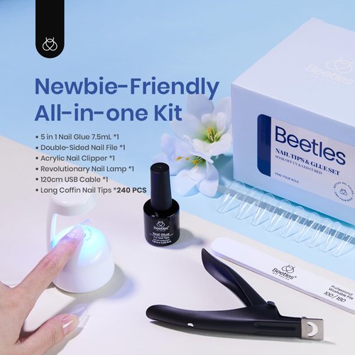 Beetles Gel Nail Kit Easy Nail Extension Set 5 In 1 Nail Glue Gel Base Coat with Pre shaped Long Coffin Soft Gel Nail Tips and Led Nail Lamp Acrylic Nail Clipper for Nail Art Diy Home Manicure