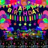 Neon Happy Birthday Party Supplies Glow Party Decorations-Happy Birthday Banner, Glow Balloons, Neon Paper Tassels, Neon Triangle Flag Glow in The Dark Party Supplies Glow Bunting Glow Hanging Stars