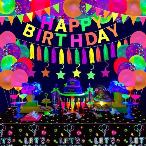 Neon Happy Birthday Party Supplies Glow Party Decorations-Happy Birthday Banner, Glow Balloons, Neon Paper Tassels, Neon Triangle Flag Glow in The Dark Party Supplies Glow Bunting Glow Hanging Stars