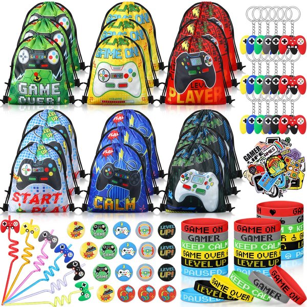 Sadnyy 140 Pcs Video Game Party Favors Birthday Party Decorations Supplies Drawstring Bags with Silicone Bracelets Keychains Straws Button Pins Stickers for Classroom Rewards Goodie Bags Stuffers