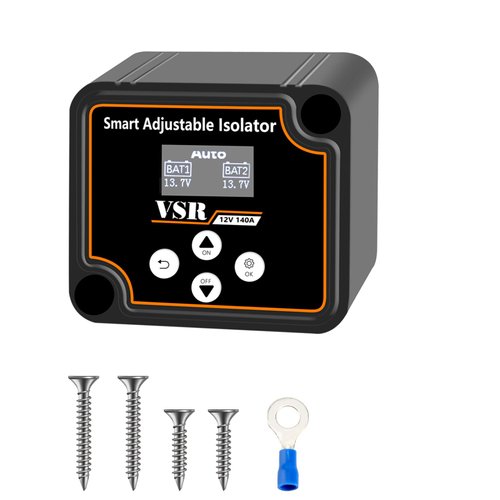 TIPHOPE Adjustable Dual Battery Isolator with Voltage Display, 12V 140Amp Voltage Sensitive Relay Smart Battery Isolator, Delay Setting, for Car Truck RV Marine