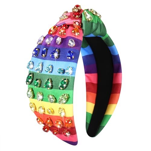 Rainbow Headbands for Women Pride Headband Colorful Pride Heart Flag Win Gesture Knotted Headband Rhinestone LGBTQ Hairband Bisexual Gay Pride Rainbow Accessories Outfits Party Favors (Rainbow A)