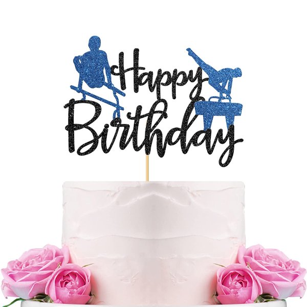 WeBenison Gymnastics Happy Birthday Cake Topper Gymnast Sport Party Cake Supplies, Flip and Twirl, Boy's Creative Converting Gymnastics Party Decorations Blue & Black