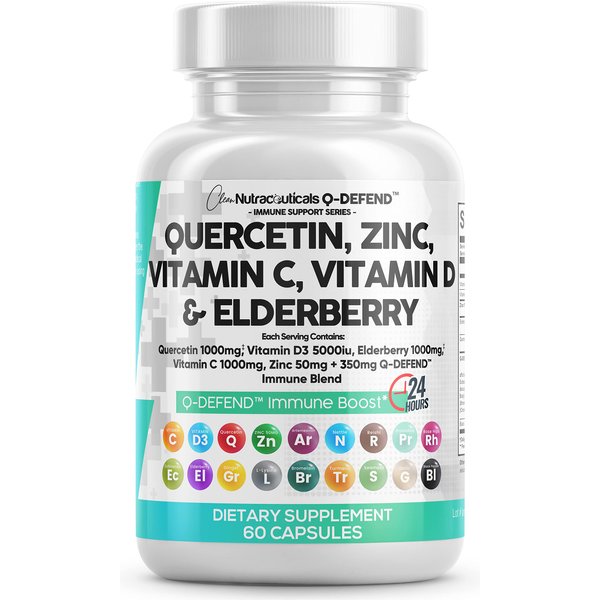 Clean Nutraceuticals Quercetin 1000mg Zinc 50mg Vitamin C 1000mg Vitamin D 5000 IU Bromelain Elderberry - Lung Immune Defense Support Supplement Adults with Artemisinin, Garlic Immunity Allergy Relief