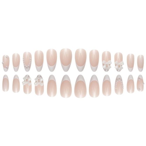 Foccna Press on Nails Almond Medium Pearl White Fake Nails French Glossy 3D False Nail Tips Artificial Nails Finger Manicure for Women&Girls -24 pcs
