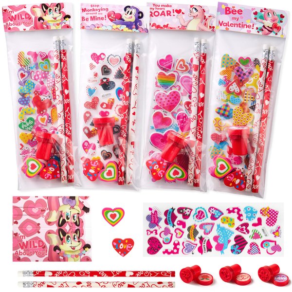 JOYIN 28 Pack Valentines Day Stationery Kids Gift Set for School Classmates Exchange Gift, Valentine Party Favor, Includes Pencils, Erasers, Stamper, Stickers