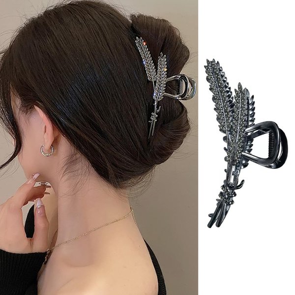 Wheat Spike Hair Claw Clips, 1Pcs Metal Black Hair Clips Crystal Bling Design Claw Clips for Thick Thin Hair Accessories Strong Hold Hair Crab Clips No Crease Jaw Clips for Women (Black Wheat Spike)
