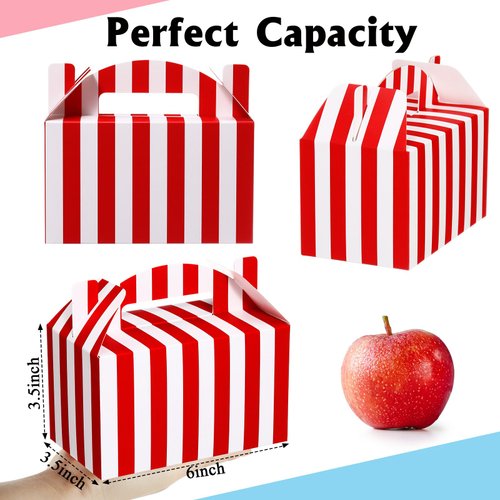 Skyygemm 24 Pcs Carnival Treat Boxes Circus Gable Gift Boxes Red White Striped Paper Favors Box Snack Goodie Boxes for Birthday Christmas Carnival Theme Party Decorations, 6 x 3.5 x 3.5 Inch