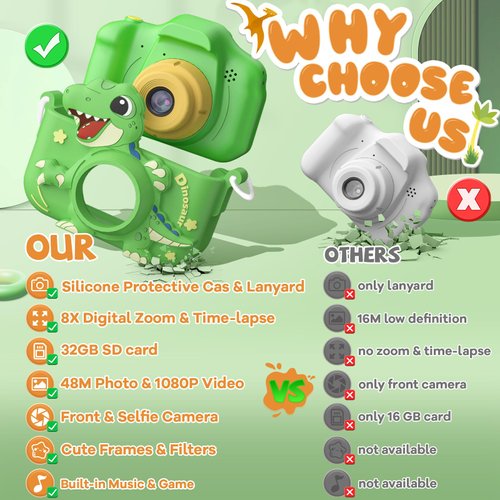 Upgraded 48MP Kids Camera for Girls Boys 3-12, Video Selfie Camera-Christmas Birthday Dinosaur Gift for Toddler, HD Digital Camera Toy for Child with 32GB SD Card & Silicone Cover (Green)