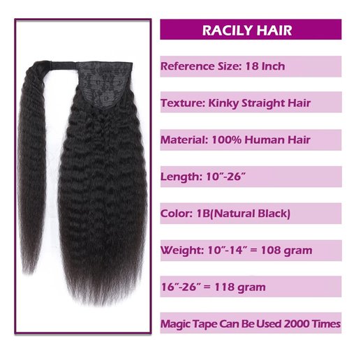 RACILY Kinky Straight Ponytail Human Hair with Wrap Around Magic Tape, Brazilian Hair Clip in Extensions Wavy Yaki Pony Tail Color Natrual Black (22", 1B, Kinky Straight, Wrap Around)