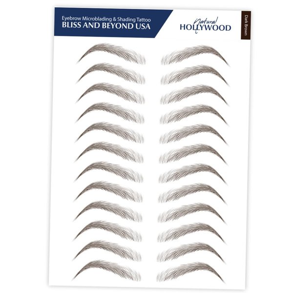 Bliss and Beyond USA | Waterproof Eyebrow Tattoo Stickers. A real hair stroke look. Hair replacement without surgery. Solution for hair loss. Bushy Tinted eyebrow tattoos. (New Hollywood, Dark Brown)