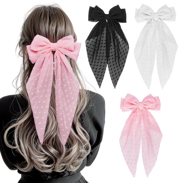 3 PCS Hair Bows for Women Bow Hair Clips Ribbon Bows for Hair Bow Clips Hair Ribbon Girls Hair Bows Clips for Women Hair Bows for Girls Coquette Bows Hair Accessories for Women (Black, White, Pink）