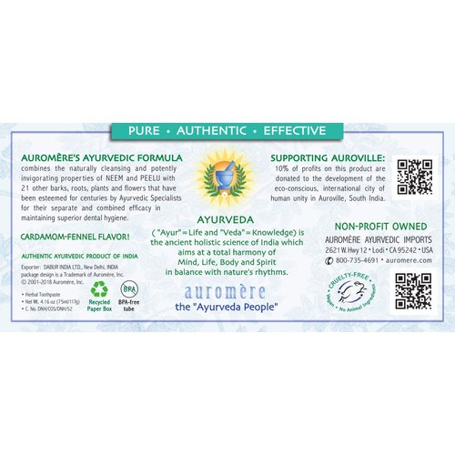 Auromere Ayurvedic Herbal Toothpaste, Cardamom Fennel, Foam Free - Vegan, Natural, Non GMO, SLS Free, Fluoride Free, Gluten Free, with Neem & Peelu (4.16 oz), 2 Pack