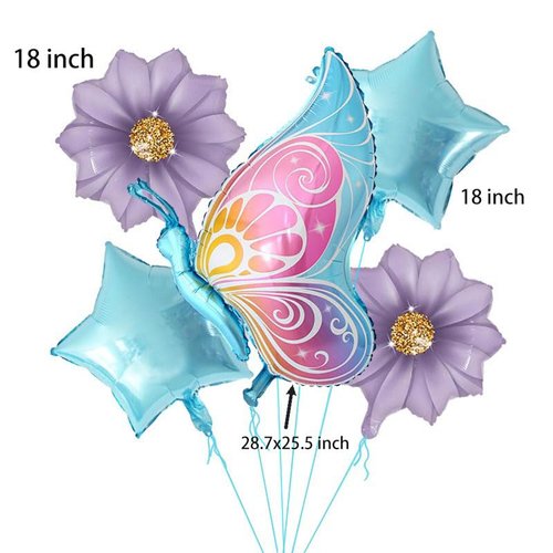 5 Pcs Butterfly Foil Balloons Blue Suit With Butterfly Flower Pentagram Themed Birthday Party Baby Showers Decorations Supplies
