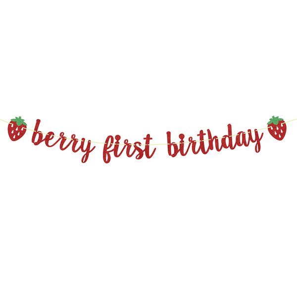 BOMXOI Berry First Birthday Banner, Strawberry First Birthday Banner, 1st Birthday Baby Shower Party Banner Decorations Supplies, First Birthday Photography Background Red Glitter.