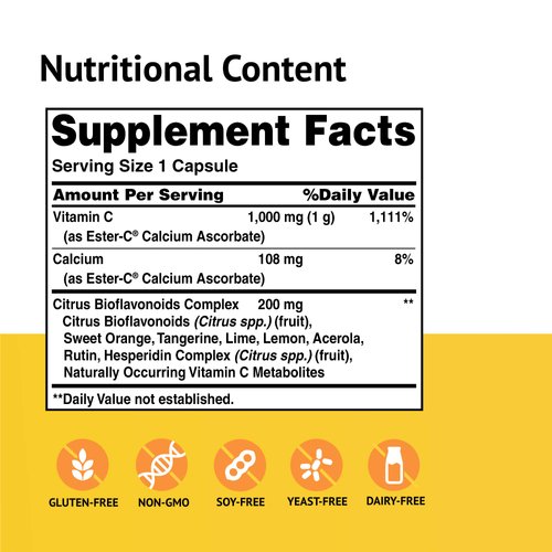 Ester-C with Citrus Bioflavonoids Capsules - 24-Hour Immune Support, Gentle On Stomach, Non-Acidic Vitamin C,1000 mg, 90 Count