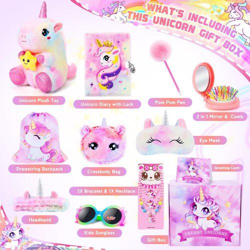 Unicorns Gifts for Girls Kids Toys 3 4 5 6 7 8 9 10 Years Old with 12PCS Unicorn Plush /Locked Diary/Glowing Blanket/Eye Mask/Crossbody Bag/Mirror 12PCS Teen Girl Birthday Christmas Unicorn Toy