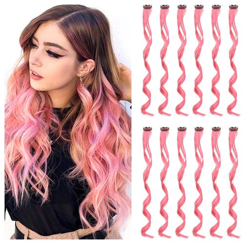 12 PCS Pink Hair Extensions Clips for Kids&Girls, Curly Pink Clip In Hair Extensions, 14 inch Party Highlights Synthetic Pink Hair