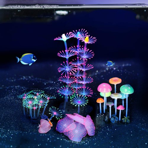 Lpraer 4 Pack Glow Aquarium Decorations Coral Reef Glowing Mushroom Anemone Simulation Glow Plant Glowing Effect Silicone for Fish Tank Decorations